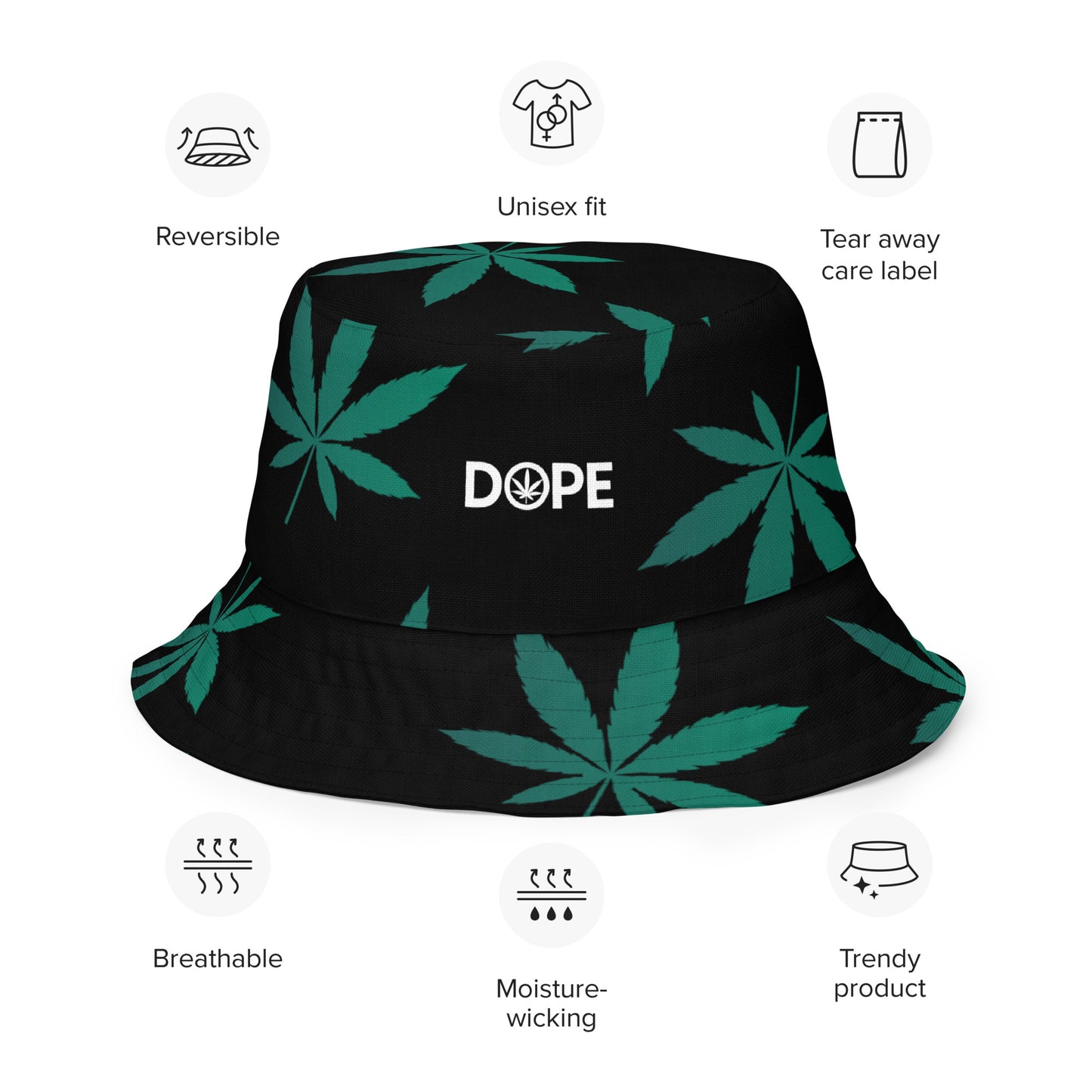 Green Leaf Black Reversible Bucket Hat