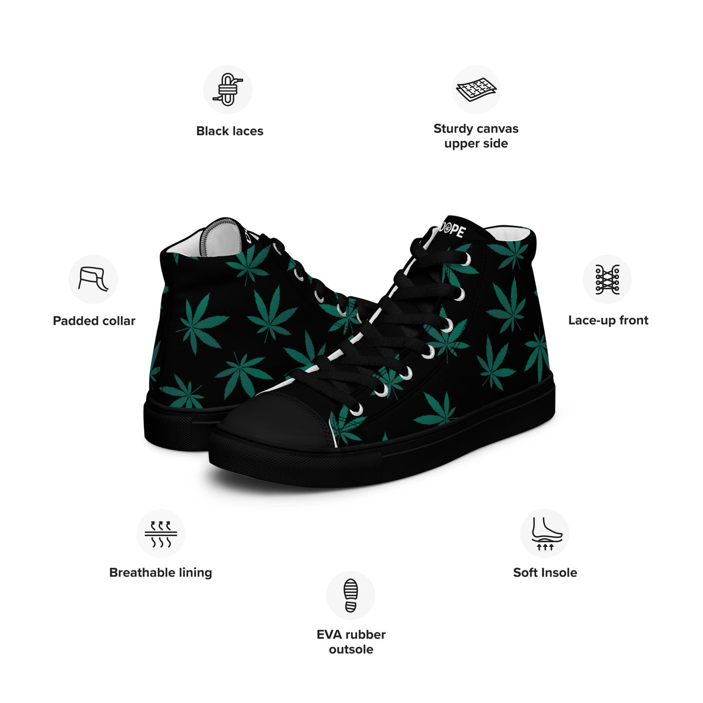 Green Leaves Black Men’s High Top Canvas Shoes