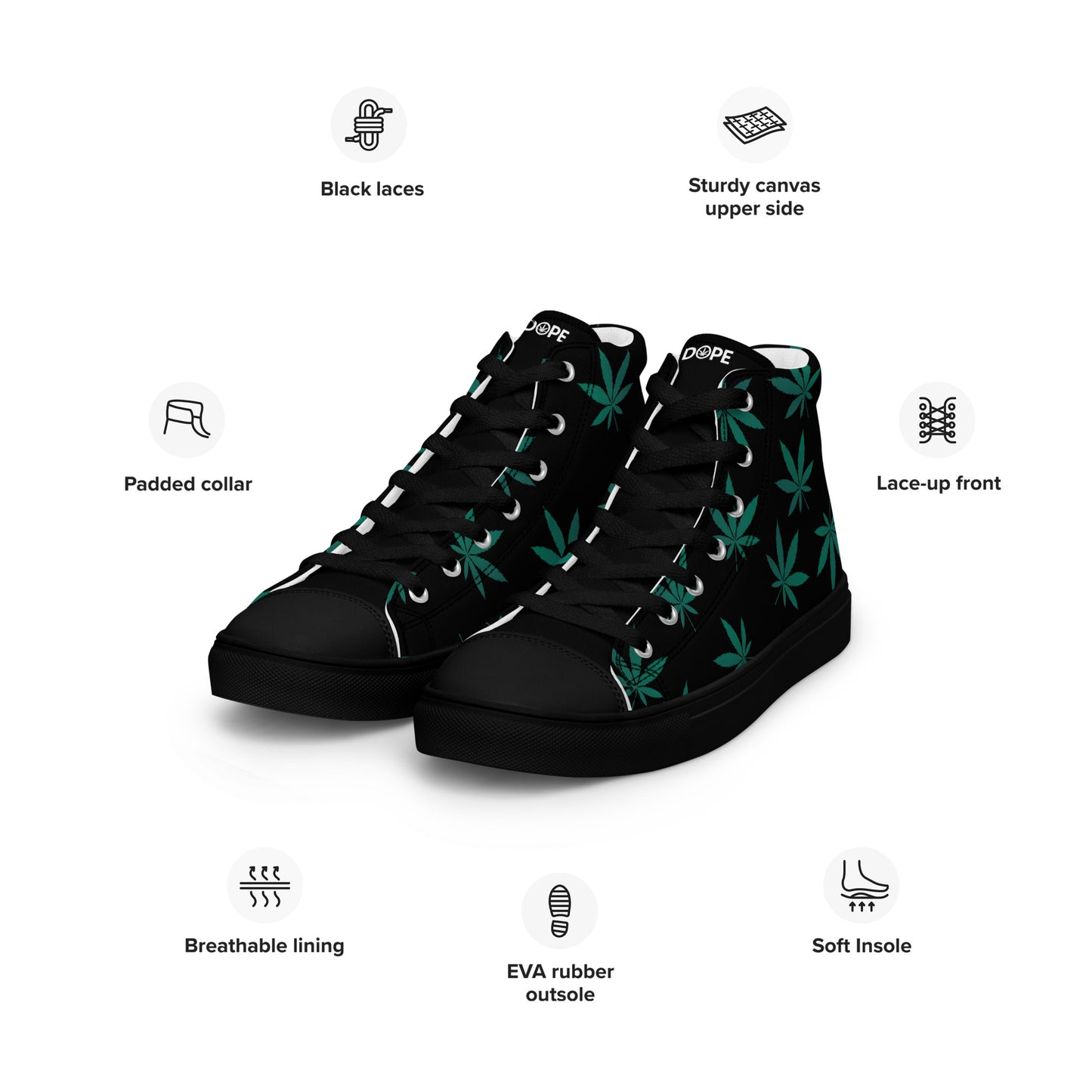 Green Leaves Black Men’s High Top Canvas Shoes