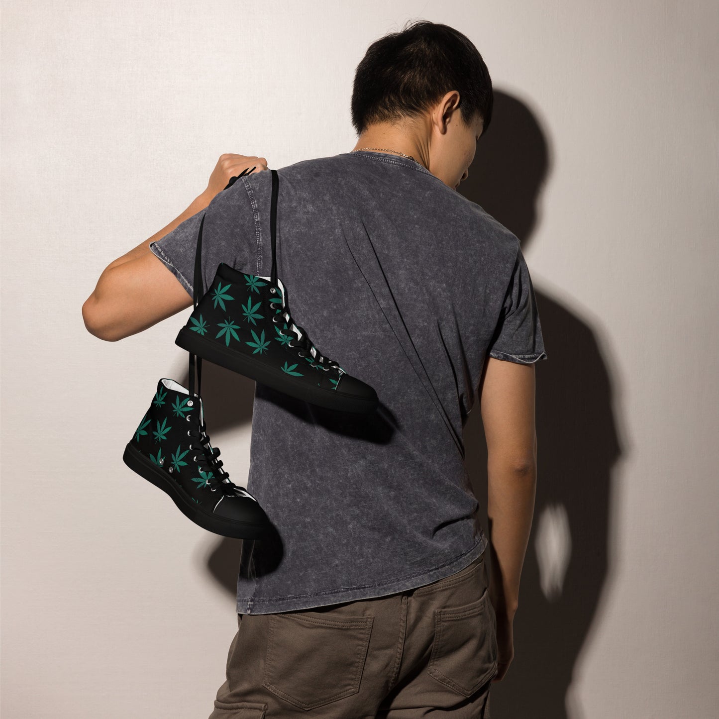 Green Leaves Black Men’s High Top Canvas Shoes