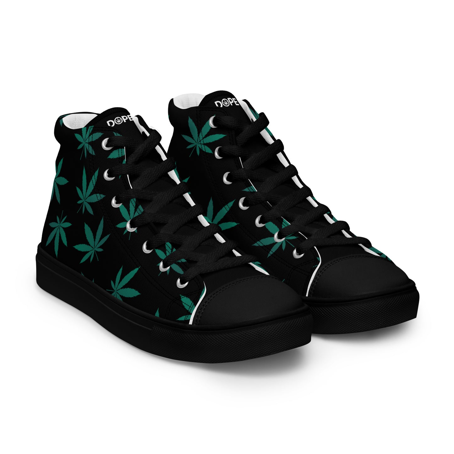 Green Leaves Black Men’s High Top Canvas Shoes