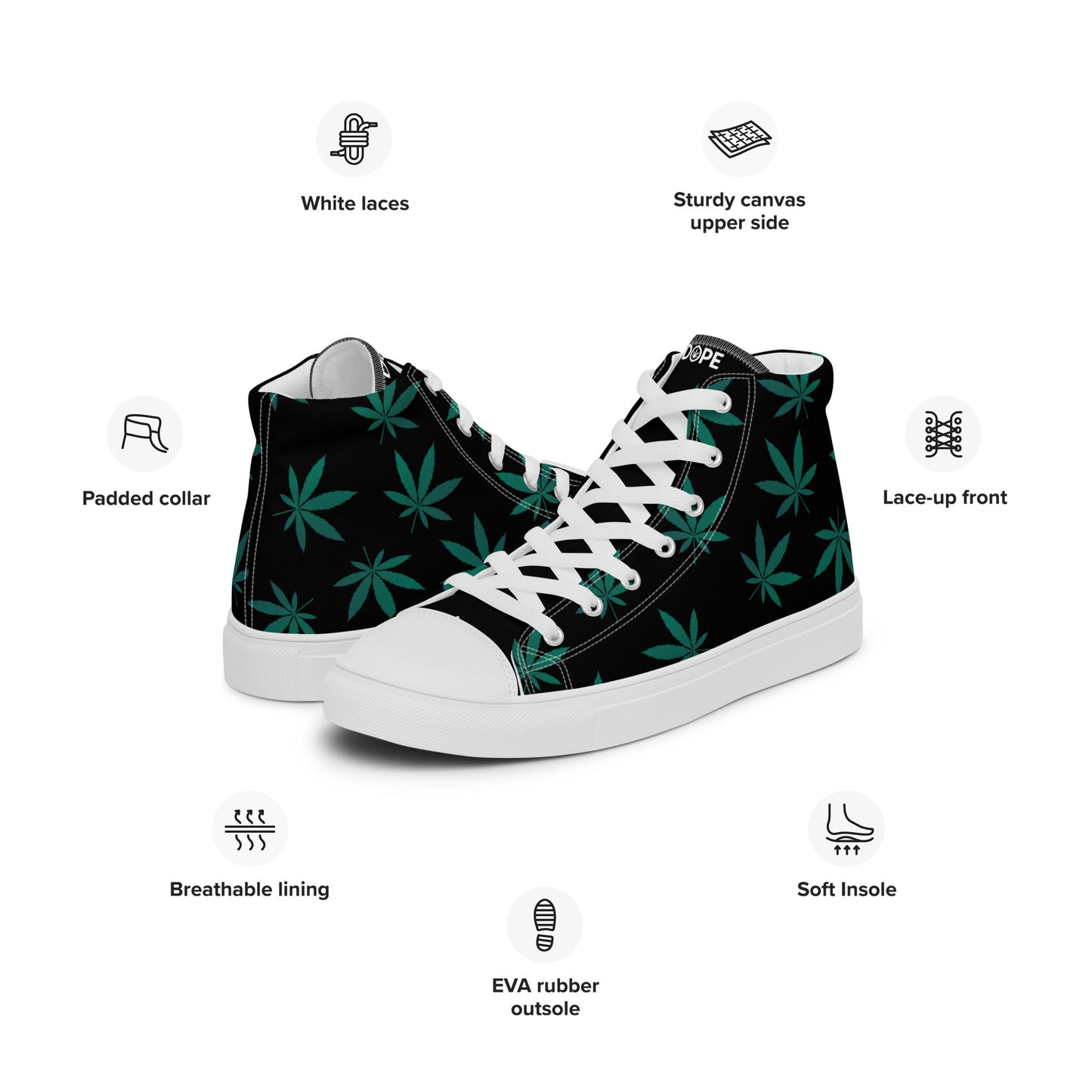 Green Leaves Black Men’s High Top Canvas Shoes